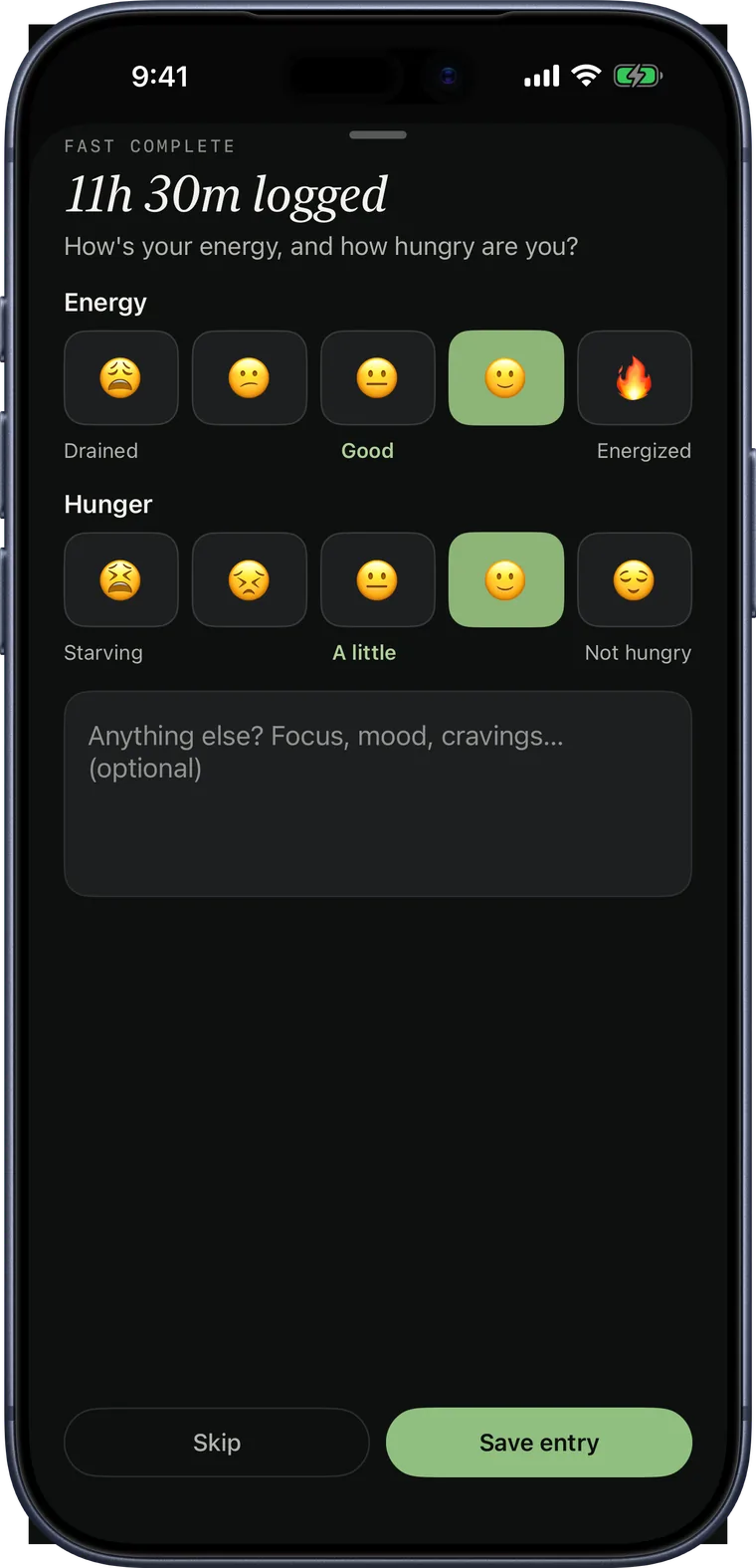 The Nestis post-fast check-in with energy and hunger ratings