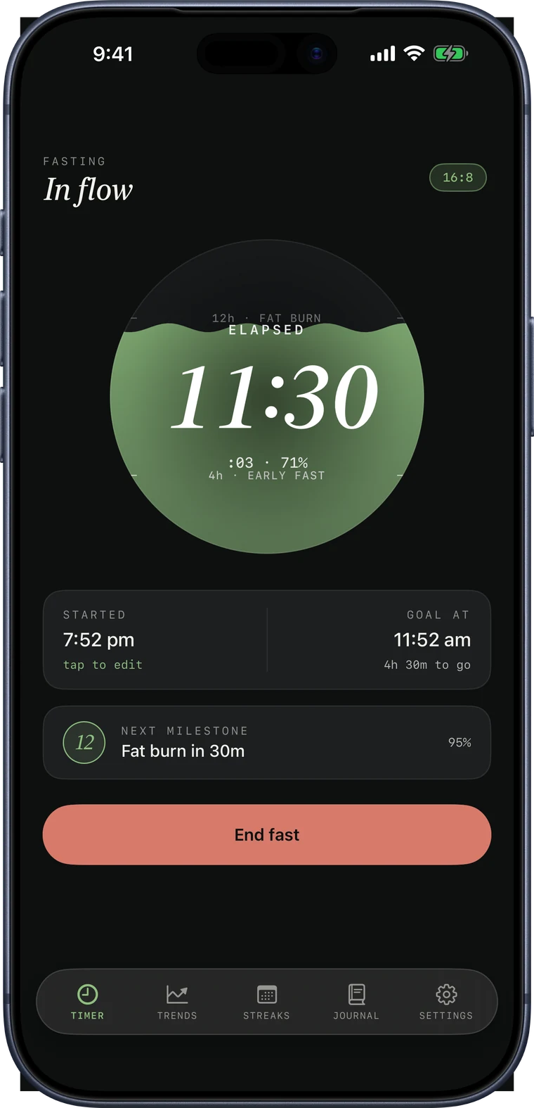 The Nestis Liquid timer mid-fast on iPhone