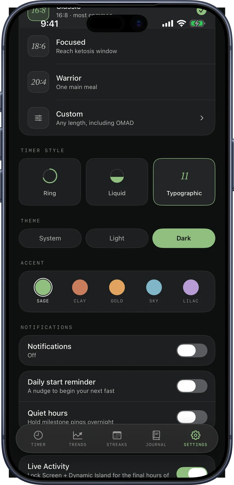 Nestis fasting schedule presets, timer styles and accent colors