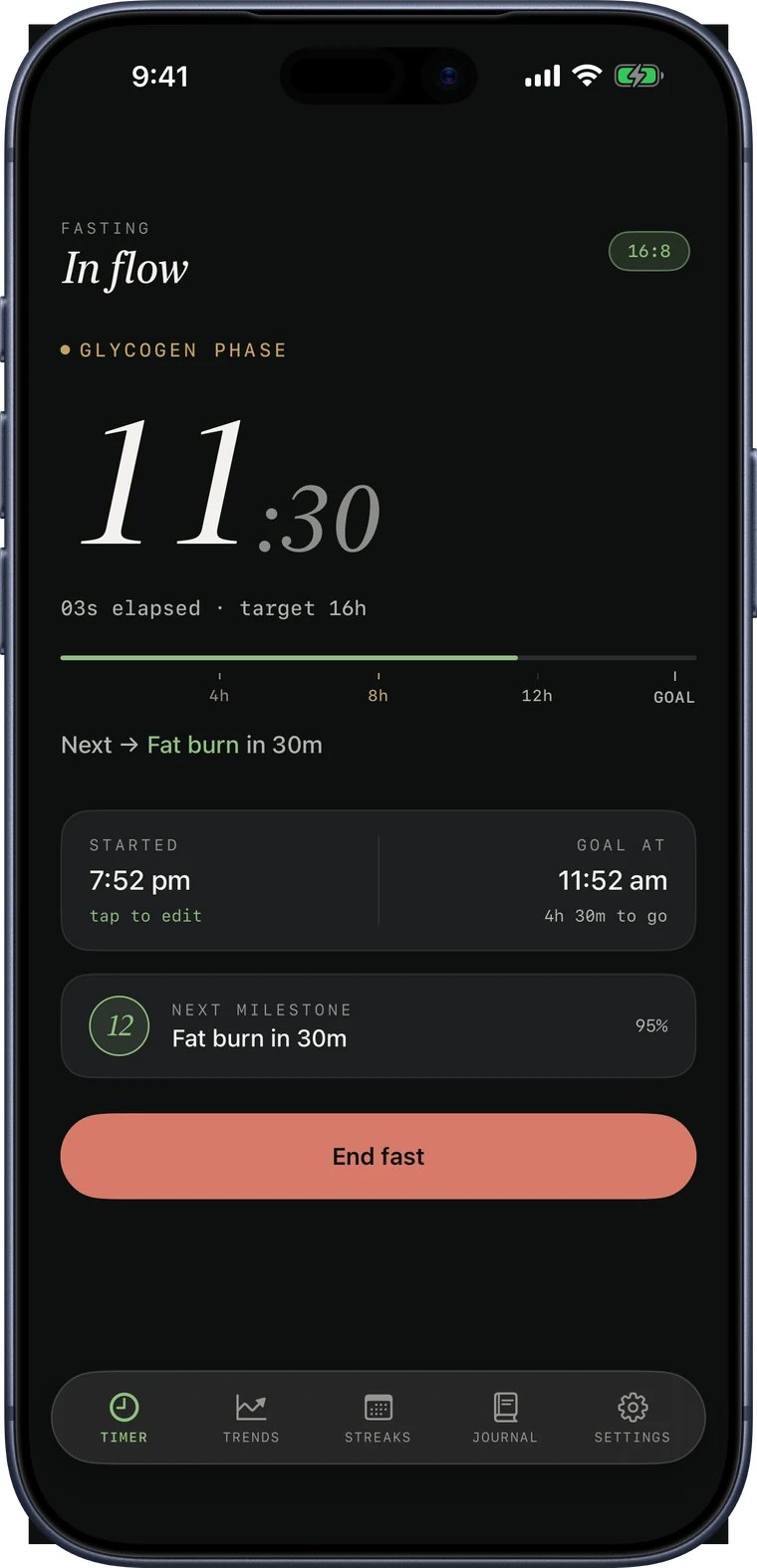 The Nestis typographic timer with the metabolic phase bar